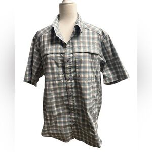 REI Sahara Tech Plaid short sleeve shirt Mens L Blue gray button up front UPF 30
